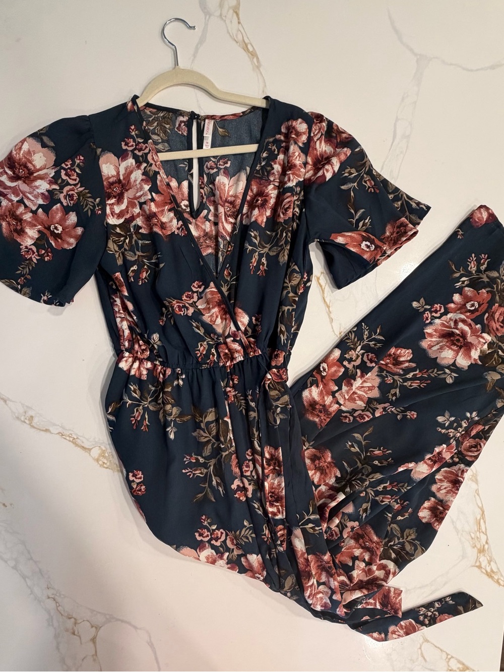 Floral Wrap Jumpsuit in Navy with Rose Print